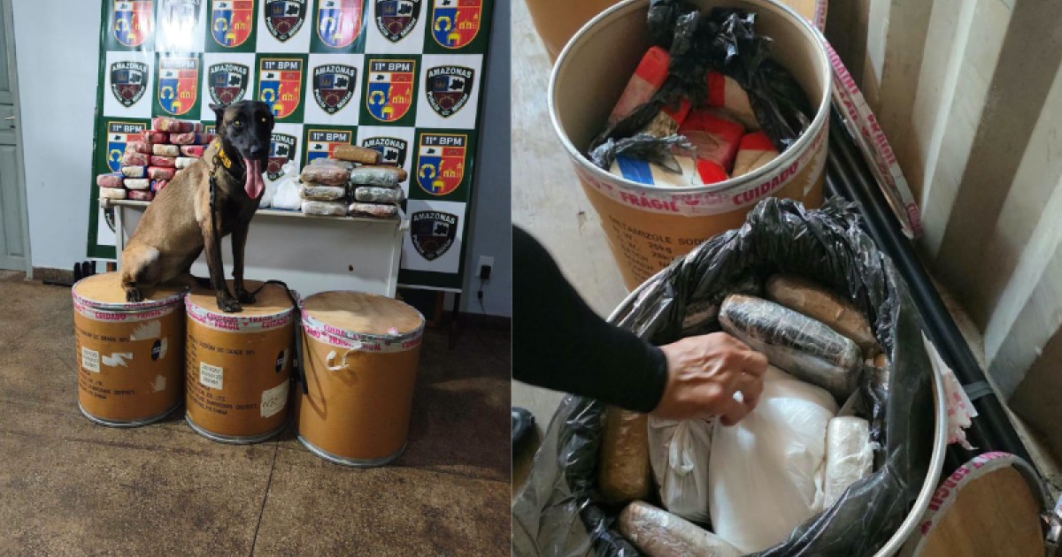 Cão farejador encontra drogas em tonéis dentro de balsa em Parintins